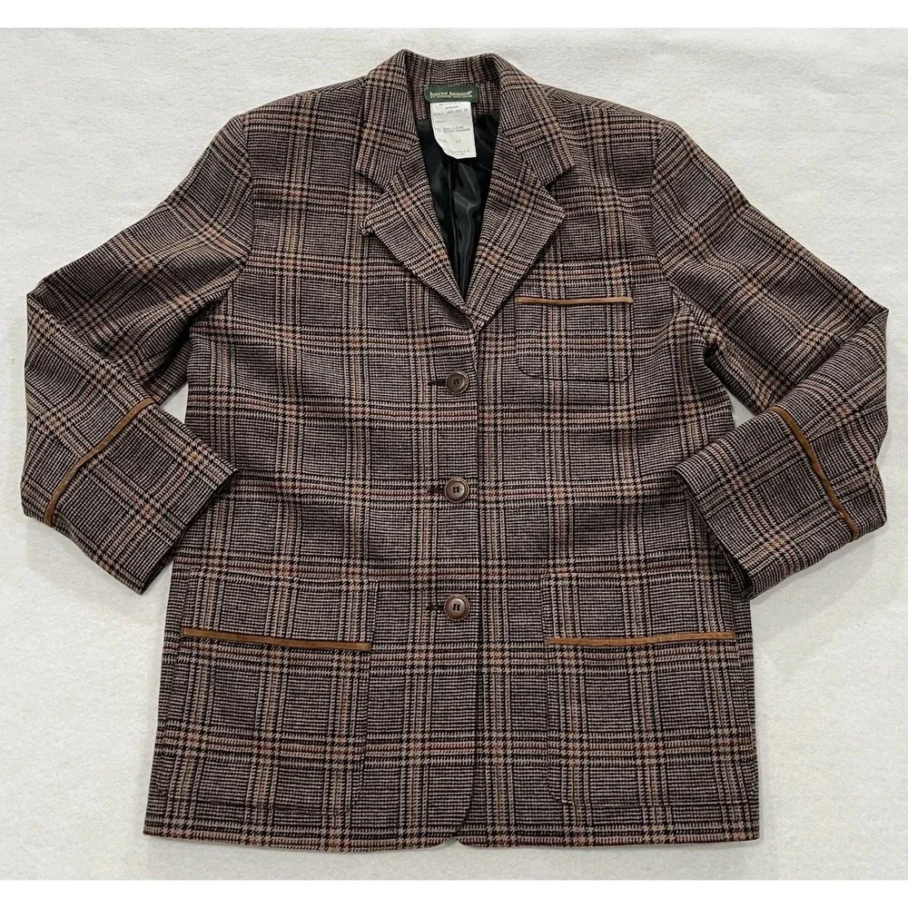 Wool Plaid Blazer Harve Bernard  With Suede Leather Trim Womens Size 12 Vintage